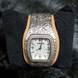 Chico's Intricate Silver and Tan Timepiece Cuff Watch Western Cowgirl Boho Earth